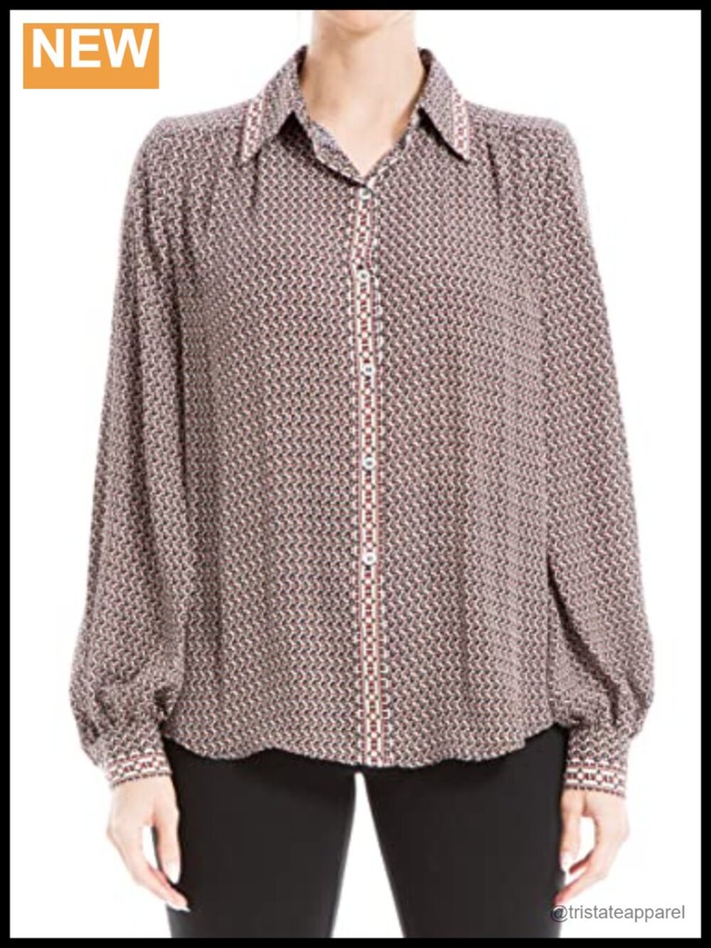 Fitted Long Sleeve Collared Blouse with All-Over Geometric Print